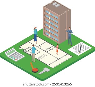 Ilustração de uma planta de apartamento e uma família considerando comprar