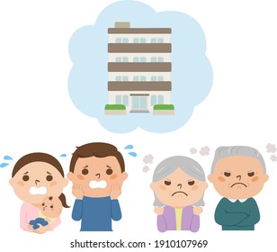 Illustration of an apartment. The young couple is in trouble. Elderly couples are angry about living together.