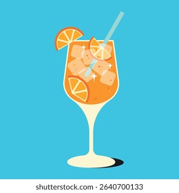 Illustration of aperol spritz cocktail. Summer drink aperitif with oranges and ice cubes. 