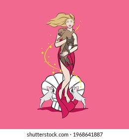 Illustration of aphrodite female blond modern girl holding frenchbulldog grey brown and white above white shell isolated with pink background. 