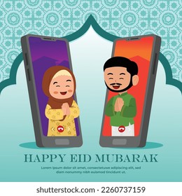 Illustration of apologizing to each other via video call in eid mubarak