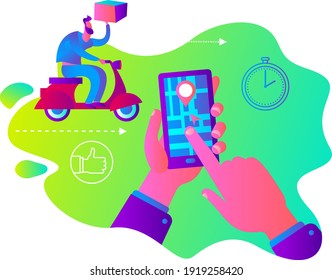 Illustration for an app, infographic, or landing page, with a character: a person quickly delivers a parcel or pizza. Express food delivery, online shopping