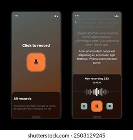 Illustration of app screens for voice recording and conversion to text,  orange, black