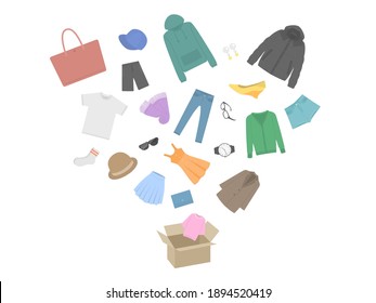 Illustration of apparel goods popping out of cardboard.