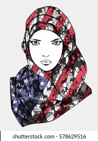 Illustration of appealing muslim woman wearing scarf with unique texture of demonstrating crowd and United States flag