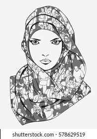 Illustration of appealing muslim woman wearing scarf with unique texture of demonstrating crowd in grey scale