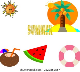 The illustration appears to be a colorful and playful summer-themed vector graphic. It includes various elements commonly associated with summer, such as:

A bright sun with rays.

Palm trees and trop