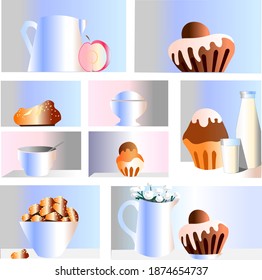 Illustration with appetizing  bakery brioche ,ruddy cookies ,milk bottle , white kitchenware dish and flowers in a jug .Vector panels for the kitchen in gentle colors