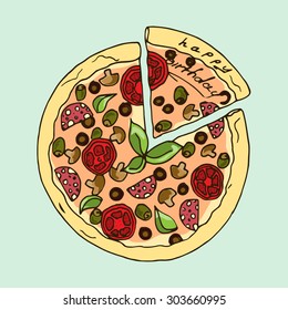 Illustration. Appetizing pizza. Happy Birthday.
