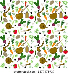 Illustration with appetizing vegetables, tomato, onion, olives, beets, etc., and kitchen utensils, pan, spoon, knife, etc. on a white background. Seamless vector pattern summer, textured, art