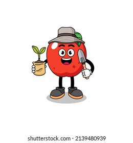 Illustration of apple cartoon holding a plant seed , character design