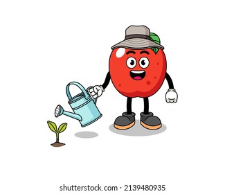 Illustration of apple cartoon watering the plant , character design