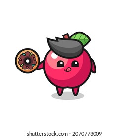 illustration of an apple character eating a doughnut , cute style design for t shirt, sticker, logo element