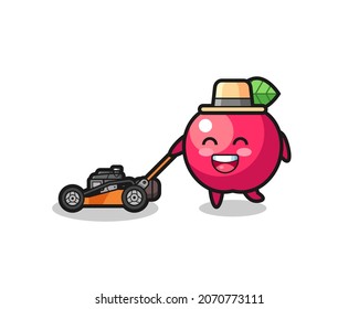 illustration of the apple character using lawn mower , cute style design for t shirt, sticker, logo element