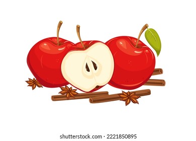 Illustration of apple, cinnamon and star anise. Design for baking, menu.Vector illustration.