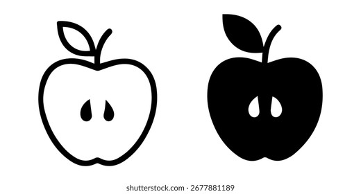 Eine Illustration eines Apfelschnitts in zwei Hälften, die sowohl als schwarzer Umriss als auch als durchgehendes schwarzes Symbol dargestellt wird.