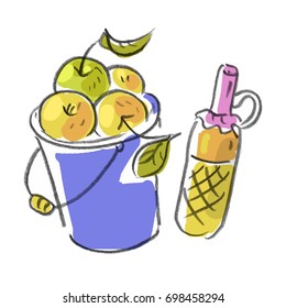 Illustration with apple jam, apples, apple leaves, apple cider, bowl, saucepan, bucket, saucer and scoop