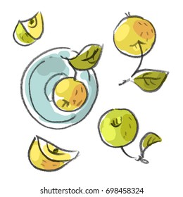Illustration with apple jam, apples, apple leaves and plate