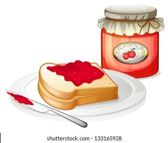 Illustration of an apple jam with a sandwich in the plate on a white background