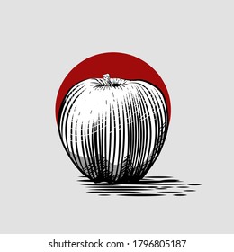 Illustration Of Apple Japan with Engraving Style