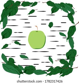 illustration with apple and leaf of apple tree and bark of birch tree