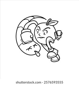 illustration of apple mascot punching caterpillar that wants to eat it, cartoon, white animal, good for your visual elements, children's coloring teaching materials, vector format