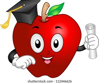 Illustration of an Apple Mascot Wearing a Graduation Cap and Holding a Diploma