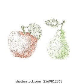 Illustration of apple and pear with dots. Painting by hand using pointillism technique.