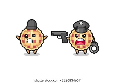 illustration of apple pie robber with hands up pose caught by police , cute style design for t shirt, sticker, logo element