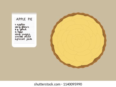 Illustration of apple pie seen from above with your recipe written in a notebook.