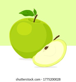 Ilustración de una manzana y rodaja de manzana. Fruta verde fresca. Ilustración vectorial de alimentos.