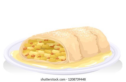 Illustration of an Apple Strudel Pastry on Plate