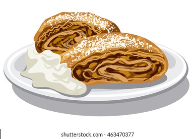 illustration of apple strudel with sour cream on plate