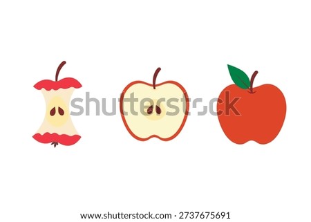 An illustration of an apple in three variations a whole red apple with a leaf, a half apple with visible seeds, and a core.