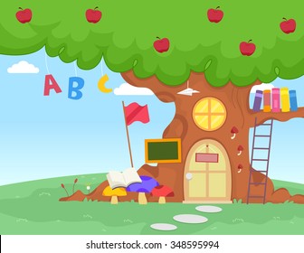 Illustration of an Apple Tree with Letters of the Alphabet Dangling from It