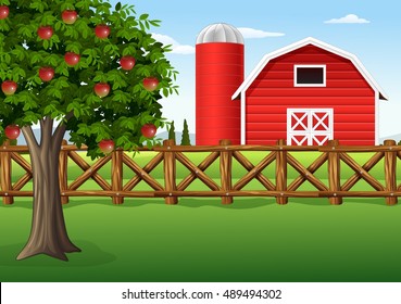 Illustration apple tree on the farm 
