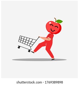 illustration of apple-headed people who are shopping and pushing baskets, good for marketplace needs, selling, and product promotion websites or applications
