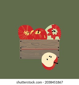 illustration with apples and packing box, vector design for paper, fabric and other surfaces