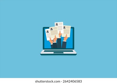 Ilustração candidatando-se a emprego, dando CV, competição de trabalho fora do laptop. Ilustração vetorial.