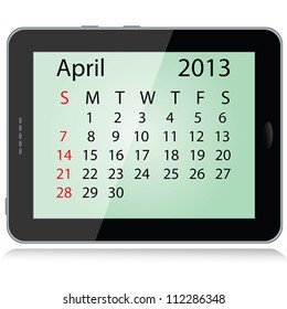 illustration of april 2013 calendar framed in a tablet pc.
