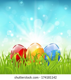 Illustration april background with Easter colorful eggs  - vector