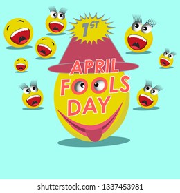 Illustration "april fools day" card with jester hat and happy emoji over bluish green background. colorful desing. Vector.