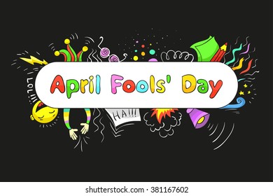 Illustration for April Fools Day - holiday of jokes. Cartoon lettering and elements.