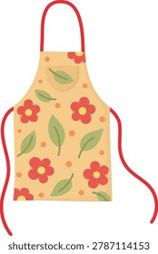Illustration of apron decorated with red flowers, green leaves and small dots. Kitchen accessory isolated on white background
