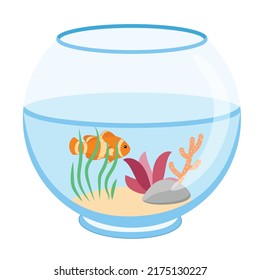 Illustration aquarium with gold fish on white background. Vector silhouette of golden fish with water, algae, sand and stones in cartoon style.