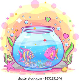 The illustration of aquarium has a moon fish idol inside of illustration