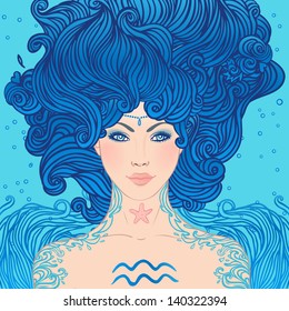Illustration of Aquarius astrological sign as a beautiful girl. Vector art.