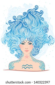 Illustration of Aquarius astrological sign as a beautiful girl. Vector art.