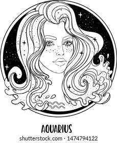 Illustration of Aquarius astrological sign as a beautiful girl. Zodiac vector drawing isolated in black and white. Future telling, horoscope, alchemy, spirituality. Coloring book for adults.