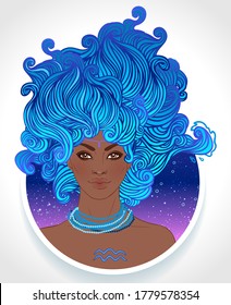 Illustration of Aquarius astrological sign as a beautiful African American girl. Zodiac vector illustration isolated on white. Future telling, horoscope, alchemy, spirituality, fashion black woman.